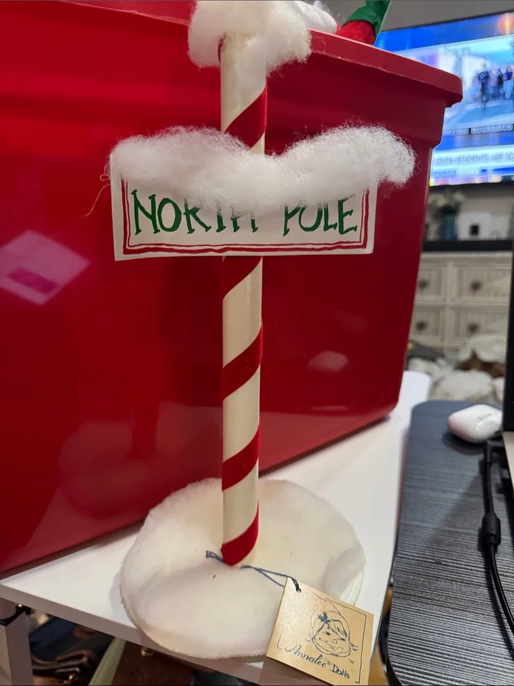 North Pole Candy Cane Sign with Carolee Mouse Holiday Decor - Red and White